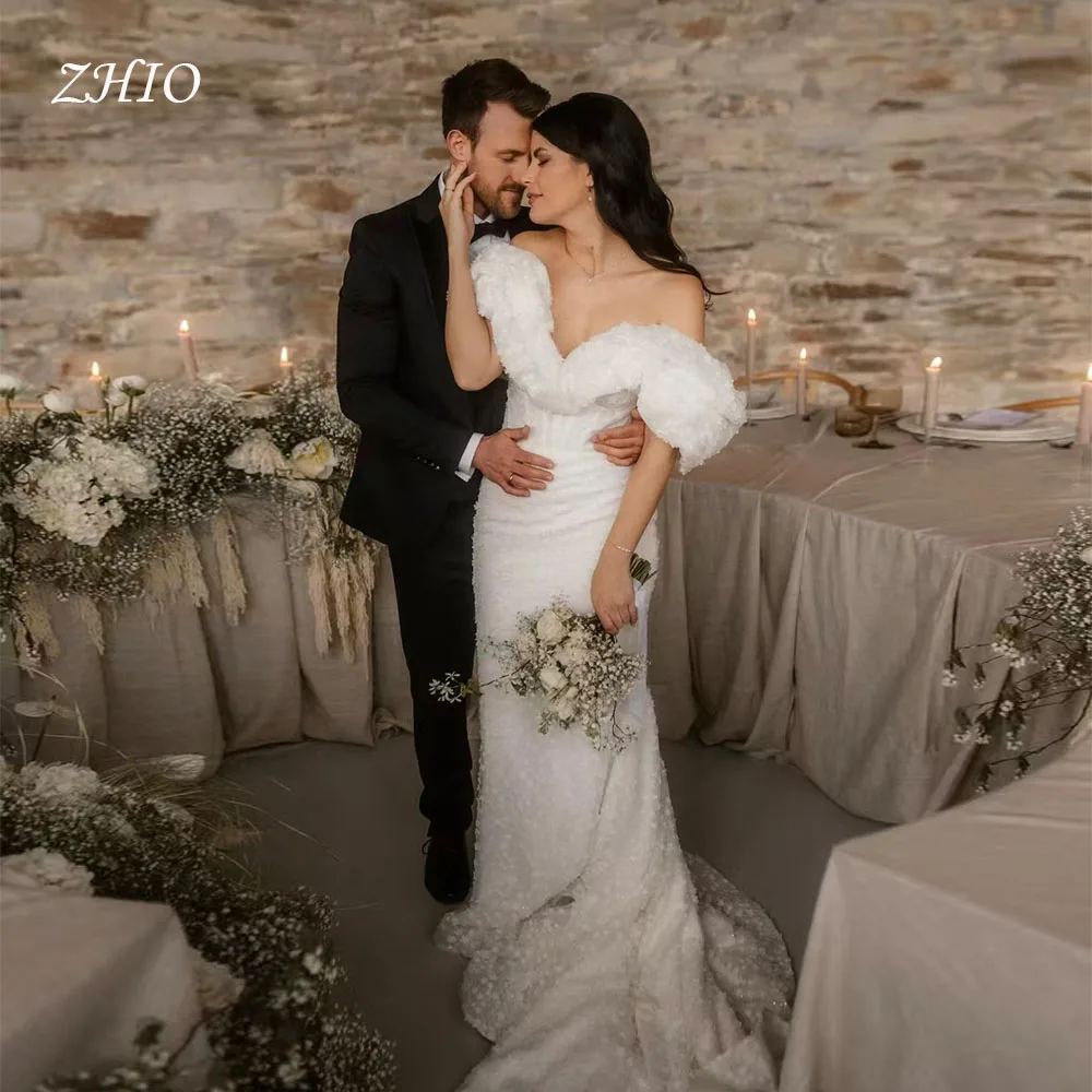 ZHIO elegante off-shoulder trouwjurk lieverd zeemeermin sweep trein ivoor bloemen tule bruidsjurk op maat gemaakte Robe De Mariée