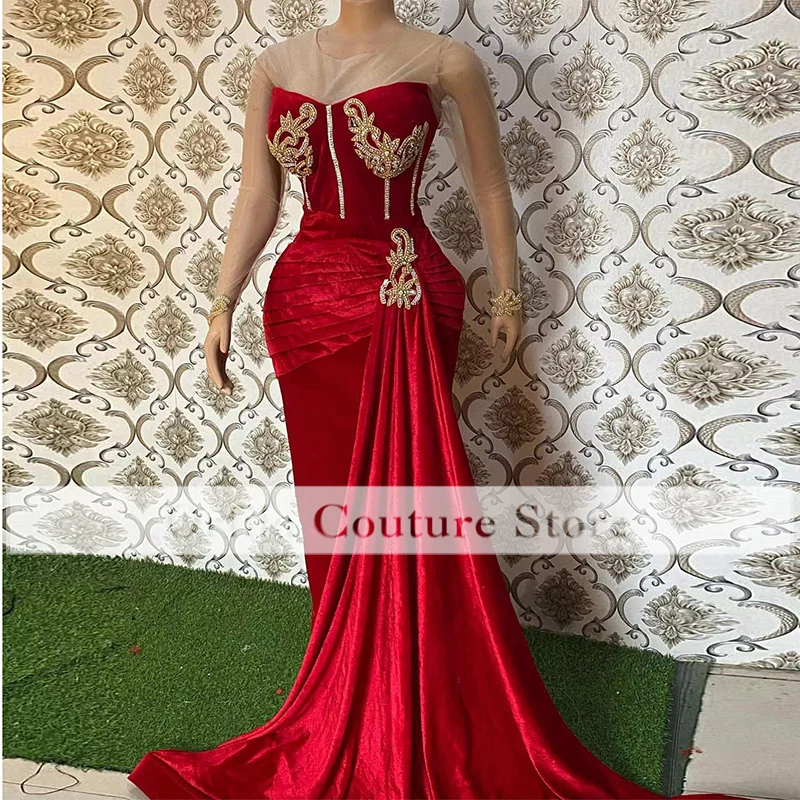 Aso Ebi Red Evening Dresses Long Sleeves Beading Mermaid Prom Gowns For Women Wedding Party Wear Customized