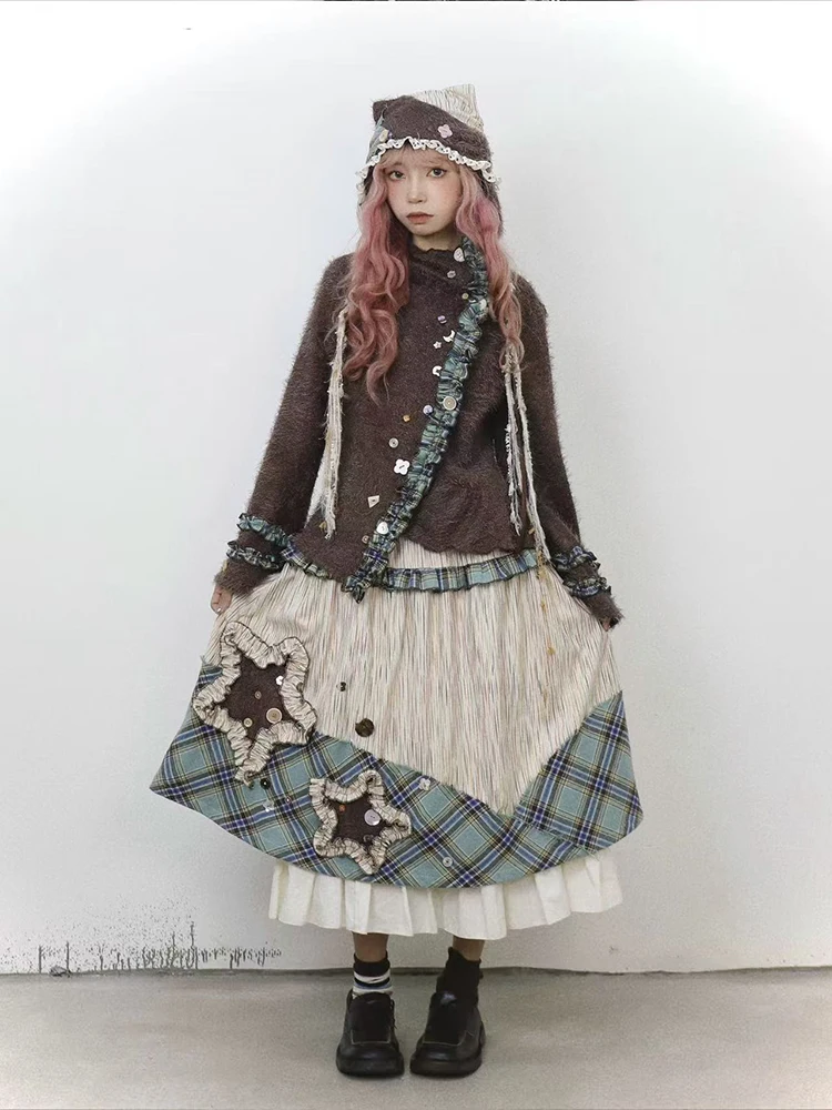 Plaid Patchwork Folds Skirts for Women Y2K Autumn High Waist Splicing Loose Midi Skirts Korean Sweet Preppy A Line Skirts Mujer