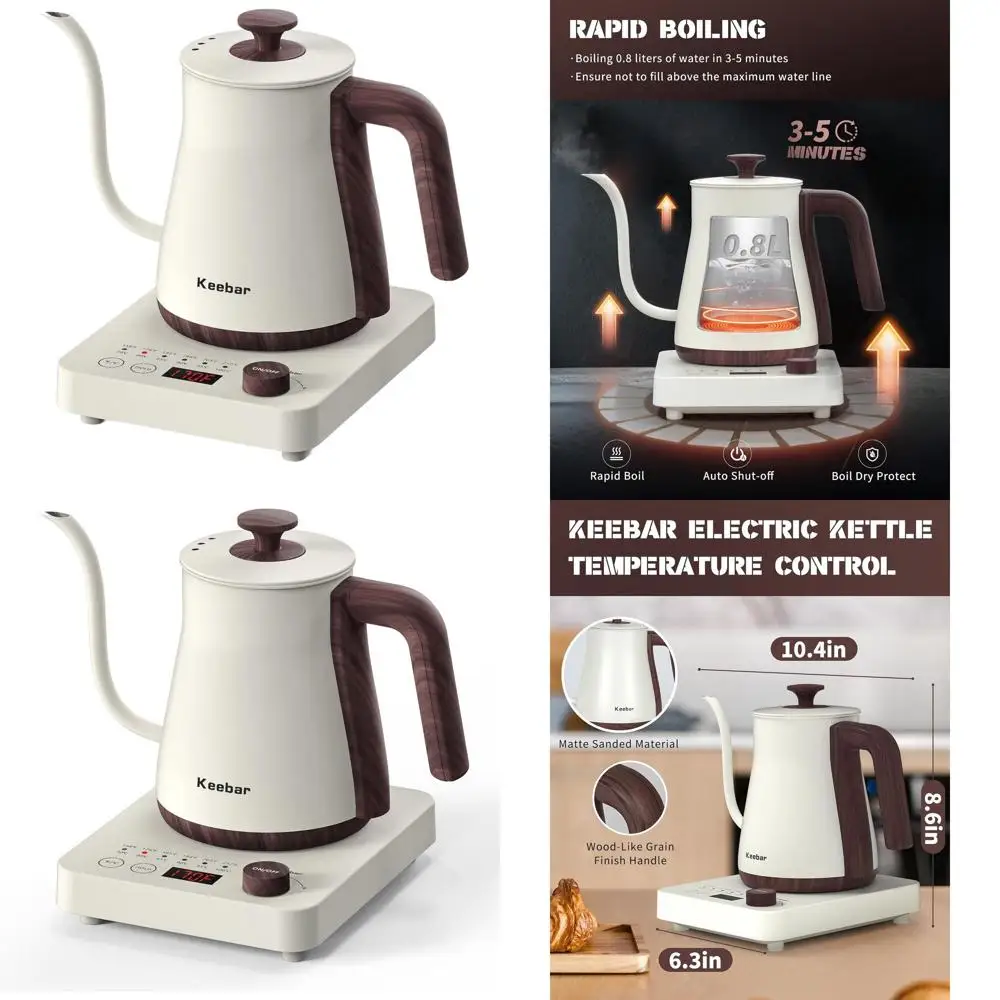 

1000W Gooseneck Electric Kettle, 6-Temperature Presets, 0.8L, Ultra-Fine Spout, 304 Stainless Steel, Auto Shut-Off, Matte White