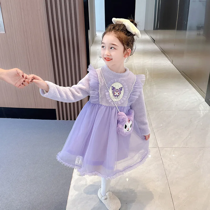 Sanrios Kuromi Autumn Winter New Cartoon Dress Kawaii Cute Leisure Versatile Lolita Western Style Princess Dress Girls Gifts