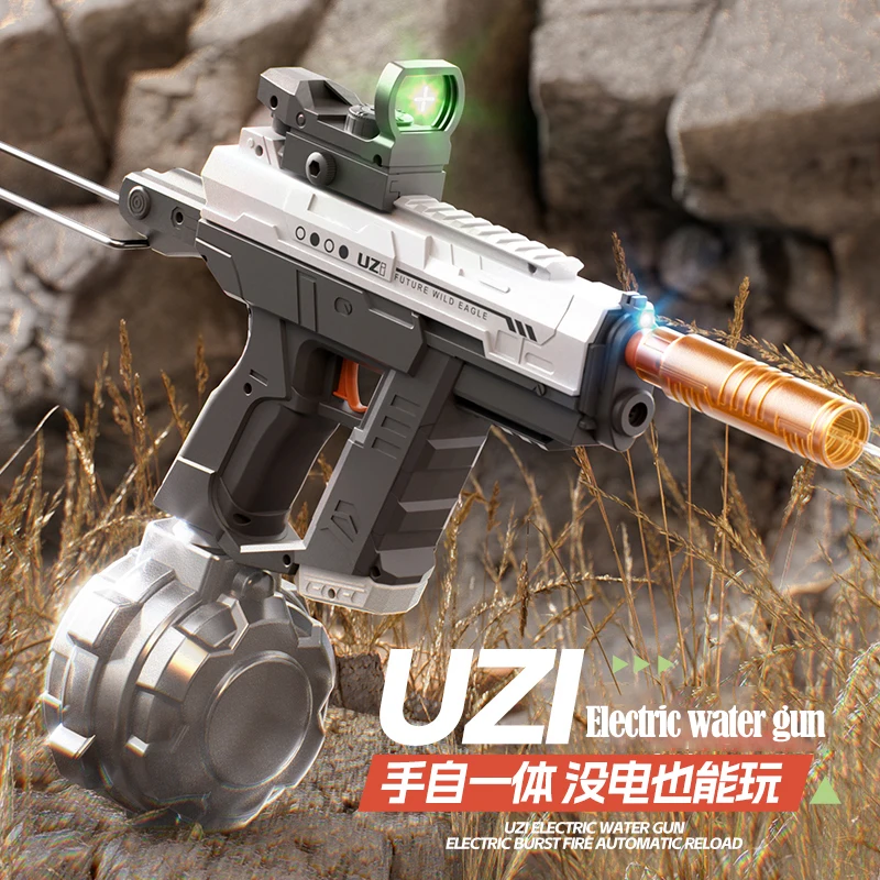 UZI Electric Water Gun with scope Butt Mechanical Linkage Continuous Reloading Machine Automatic Gun Toys for Children Adult