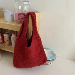 Women Retro Handmade Knitted Handbag Weaving Versatile Simple Unique Wrist Bag Autumn Winter New Solid Color One Shoulder Bag