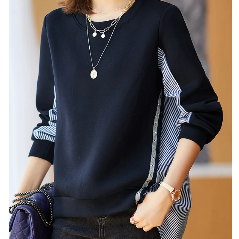 Spring Autumn New Round Neck Fashion Long Sleeve Sweatshirts Women High Street Casual Loose Cotton Pullovers Striped Button Tops