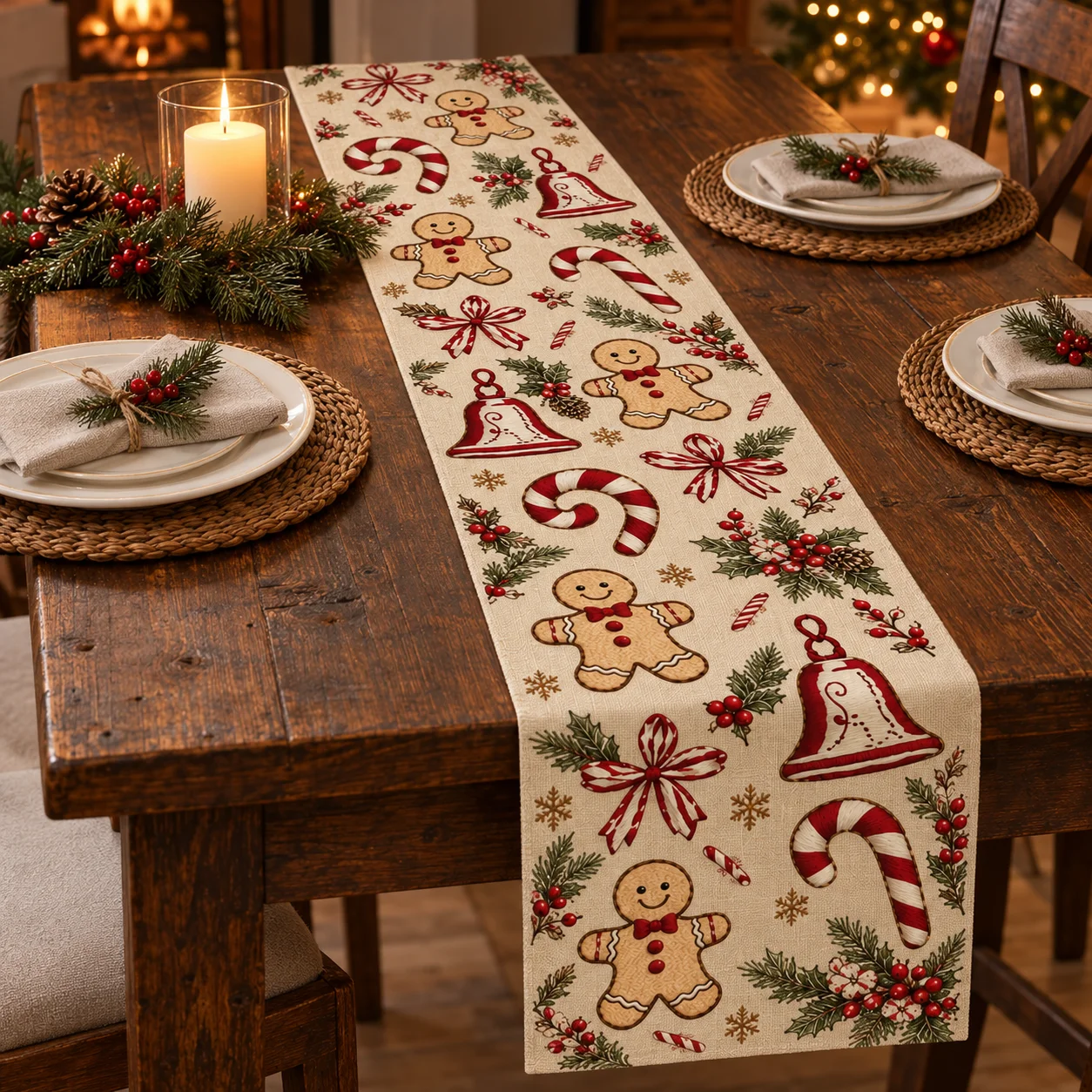 Christmas Table Runner, Gingerbread Man Print Design, Festive Table Decor for Holiday Party, Dining Table & Catering Decoration