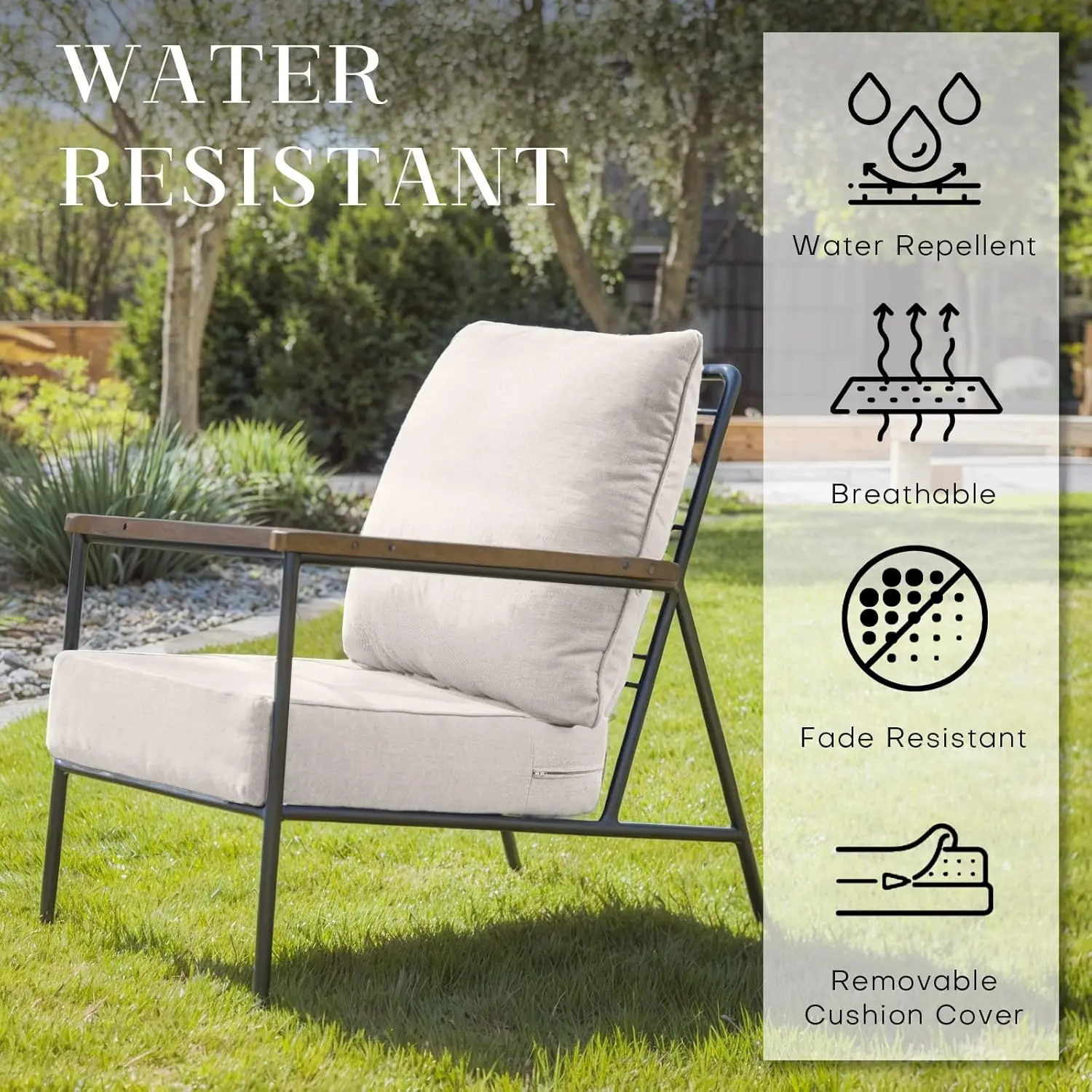Outdoor Patio Furniture - 24×24 Inches Beige High Back and Deep Seating Water Resistant Cushions, 2 Set, No Button