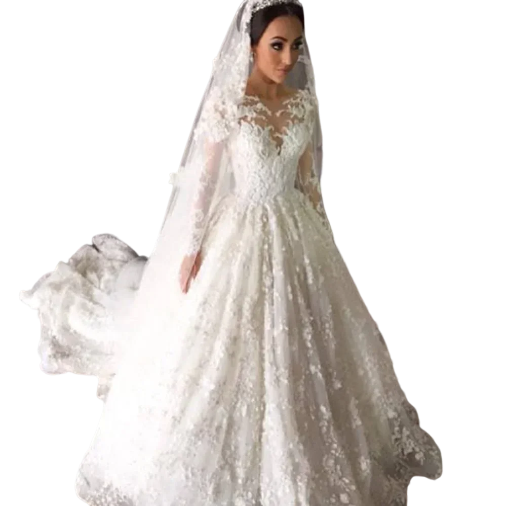 Customized  Boat Neck Lace Appliques Wedding Dresses Robe De Mariée  Long Sleeves Country Beach Plus Size Bridal Gowns