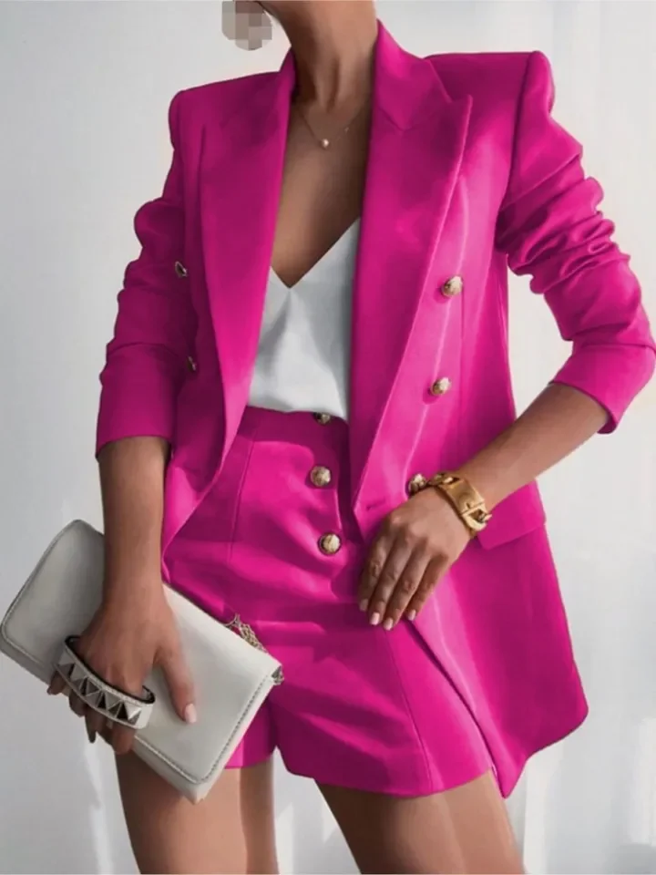 

Women's Fashion Classic Two Piece Set Long Sleeved Suit Button Solid Color Shorts Set Women's Leisure Elegant Professional Set