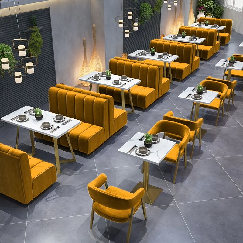 Restaurant Furniture Sets Yellow and White Colorful Booth Sofa Dining Tables and Chairs Set for Restaurant