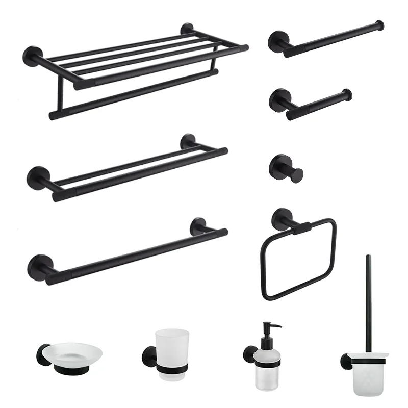

Frosted Black Bidding Stainless Steel Wall-Mounted Towel Toilet Bathroom Bathrobe Soap Dishwashing Brush Bathroom Decoration Set