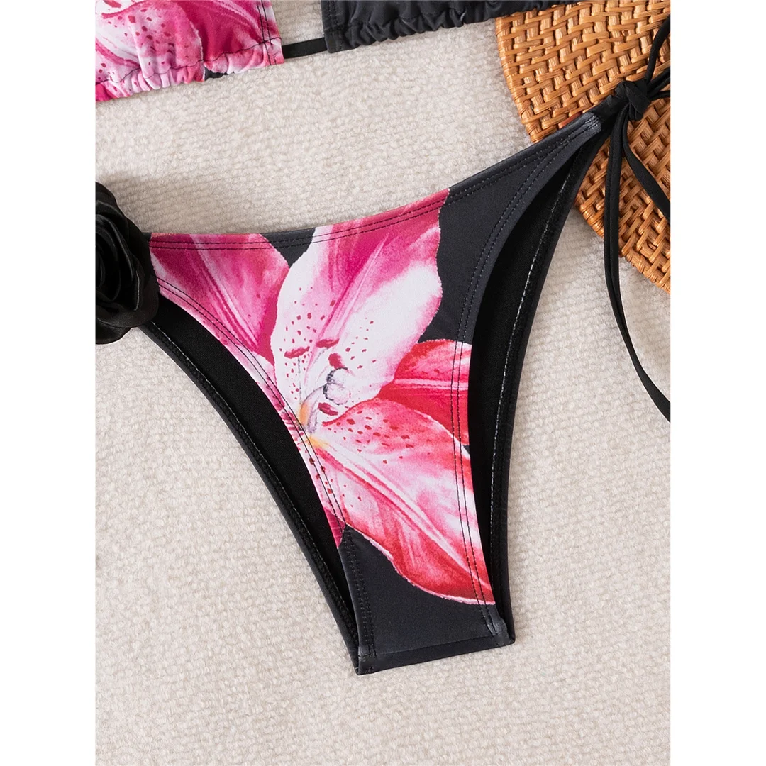 Sexy 3D-Blumen-Blumenmuster-Neckholder-Bikini, Damen-Badeanzug, zweiteiliges Bikini-Set, gepolsterter Badeanzug, Badebekleidung, Schwimmbikini V6963 – Detail 6