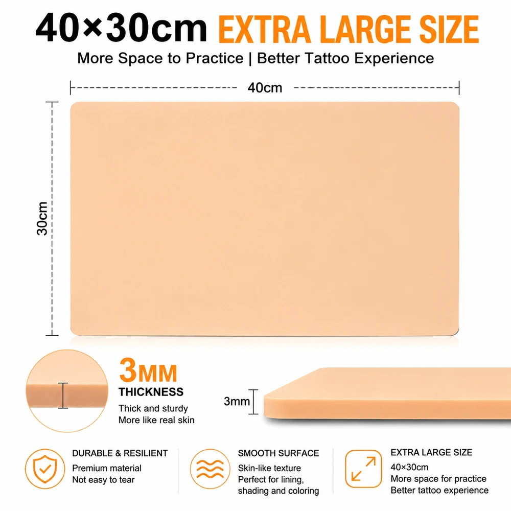 3MM Tattoo Practice Skin Extra Large 40x30cm Practice Area Silicone Fake Skin Double-Sided Tattoo Training Skin Tattoo Supply