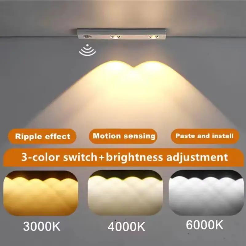 Motion Sensor Tri Color Dimmable LED Night Light USB Rechargeable Lamp For Kitchen Wardrobe Cabinet Lighting 20cm/40cm/50cm LEDs