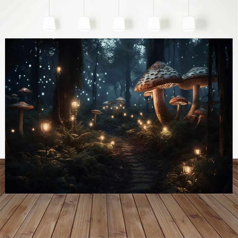 Mocsicka Night Forest Decoration Background Streetlight Lighting Path Props Flowering Straw Mushroom Backdrop Studio Photobooth