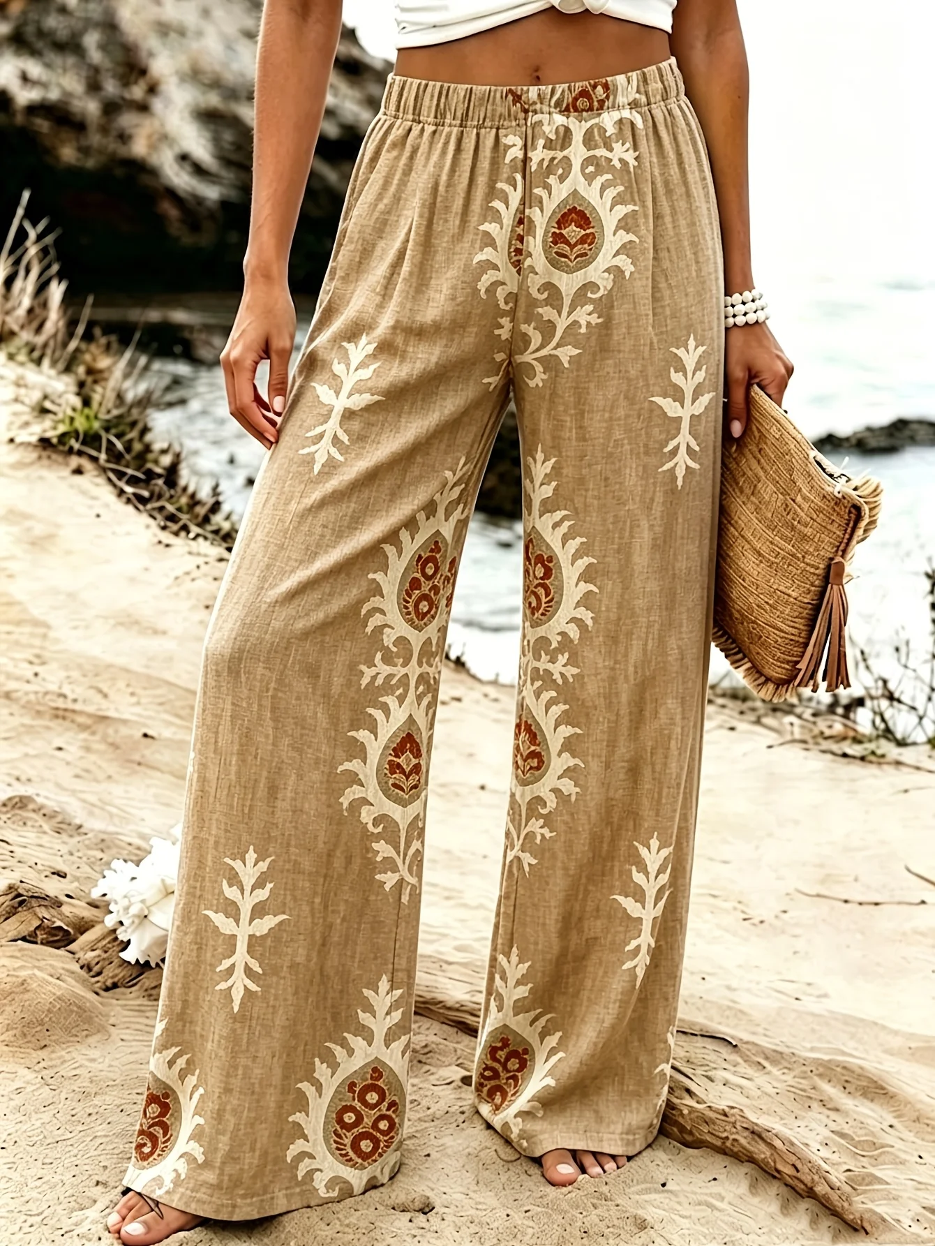 Totem Print Wide Leg Pants, Elastic Waist Flowy Casual Long Trousers, Bohemian Figure-Flattering Beach Vacation Pants
