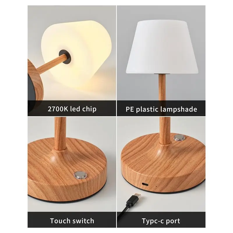ABFS Cordless LED Wood-Grain Table Lamp, Portable Rechargeable Touch Dimming Night Light, Waterproof Shower Light Small