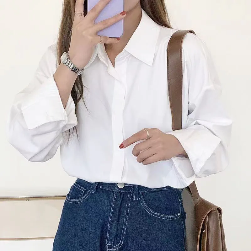 Xpqbb Women White Shirts Spring Autumn Korean Long Sleeve Office Lady Blouses All-match Simple Casual Loose Shirt Tops 2024 New