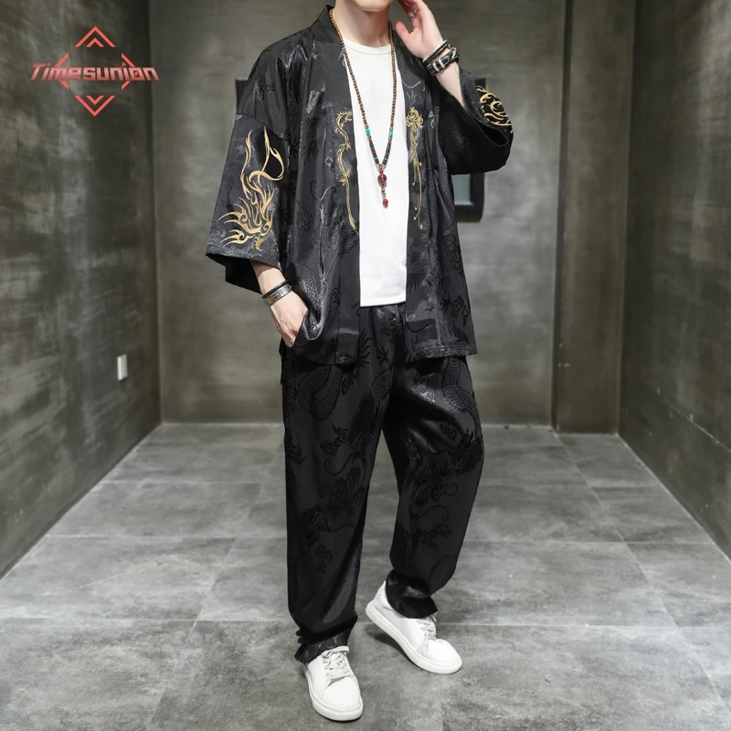 

Men's Summer Ice Silk Shirt Set Fashion Kung Fu Tang Suit Seven-point Sleeve Cardigan Hanfu Suit Vintage Tradition
