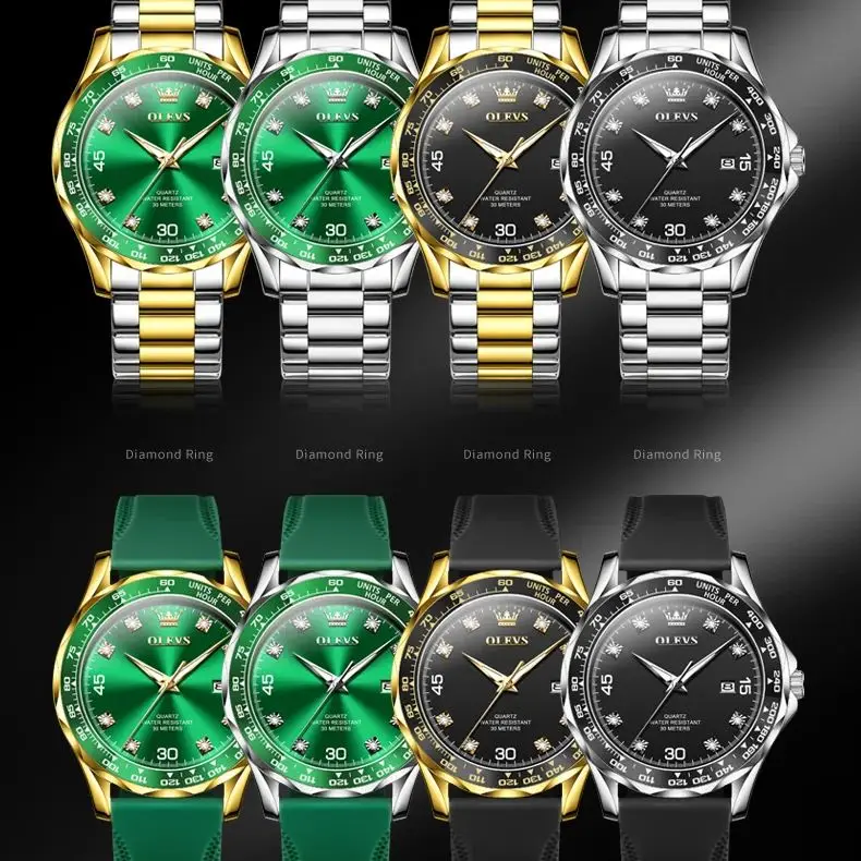 OLEVS Golden Green Quartz Watch for Men Luxury Brand Diving Waterproof Stainless steel Rubber Strap Men\'s Watches Original 9988