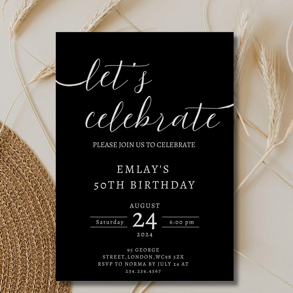 

Custom Birthday Party & Anniversary Invites Let's Celebrate Invitation Template Editable Black Customizable Party Invite Card