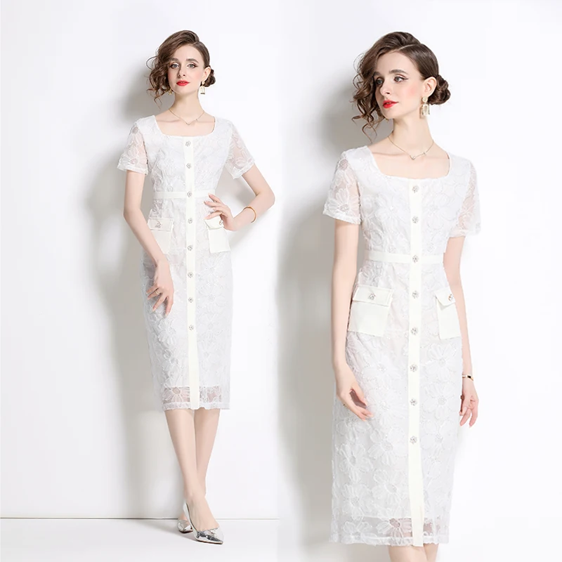 Fashion Runway Summer Lace Sheath Dress Vintage Women Square Collar Button Flower Embroidery Bodycon Long Dresses