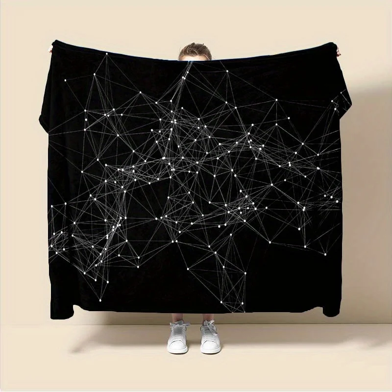 Black Base White Star Constellation Line Geometric Print Flannel Blanket Soft Throw For Sofa Bedroom Daily Home Warm Gift
