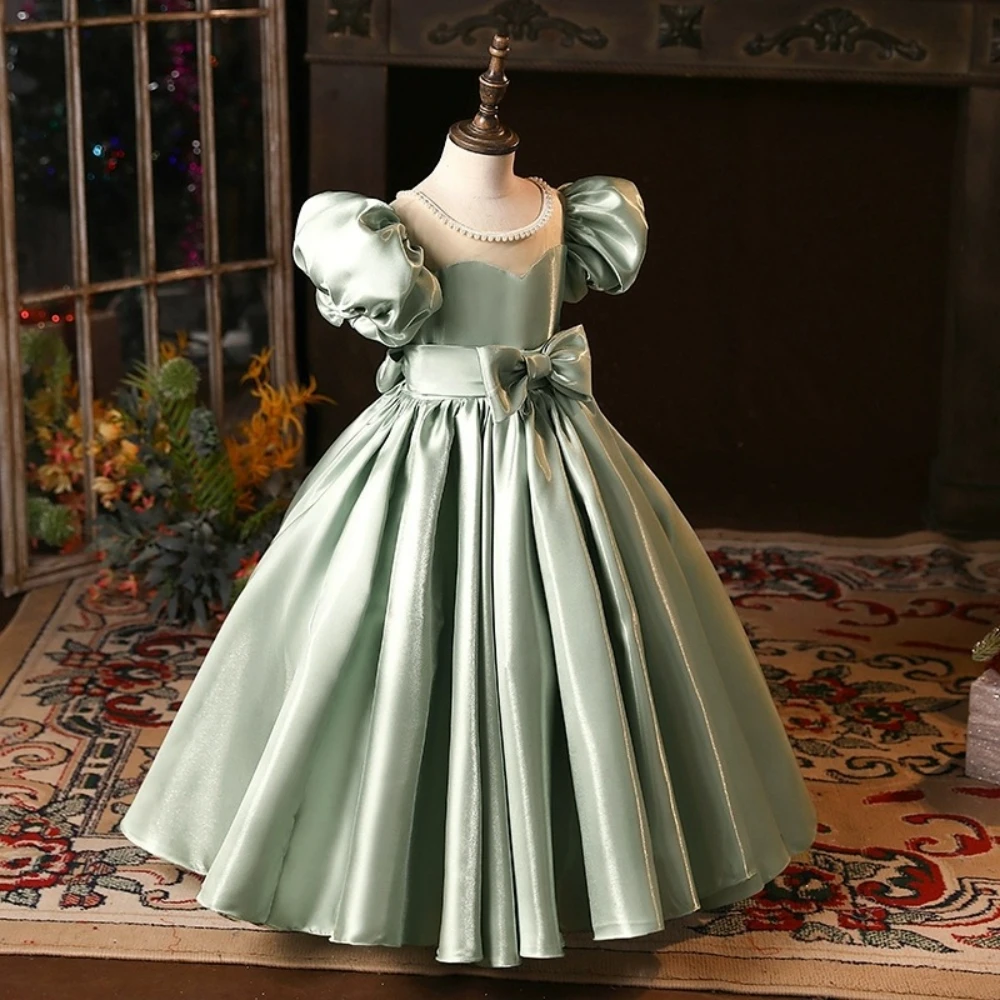 Cute Green Puff Sleeves Ball Gown Birthday Party Exquisite Bow Princess Dress Graceful Flower Girls Dresses For Wedding