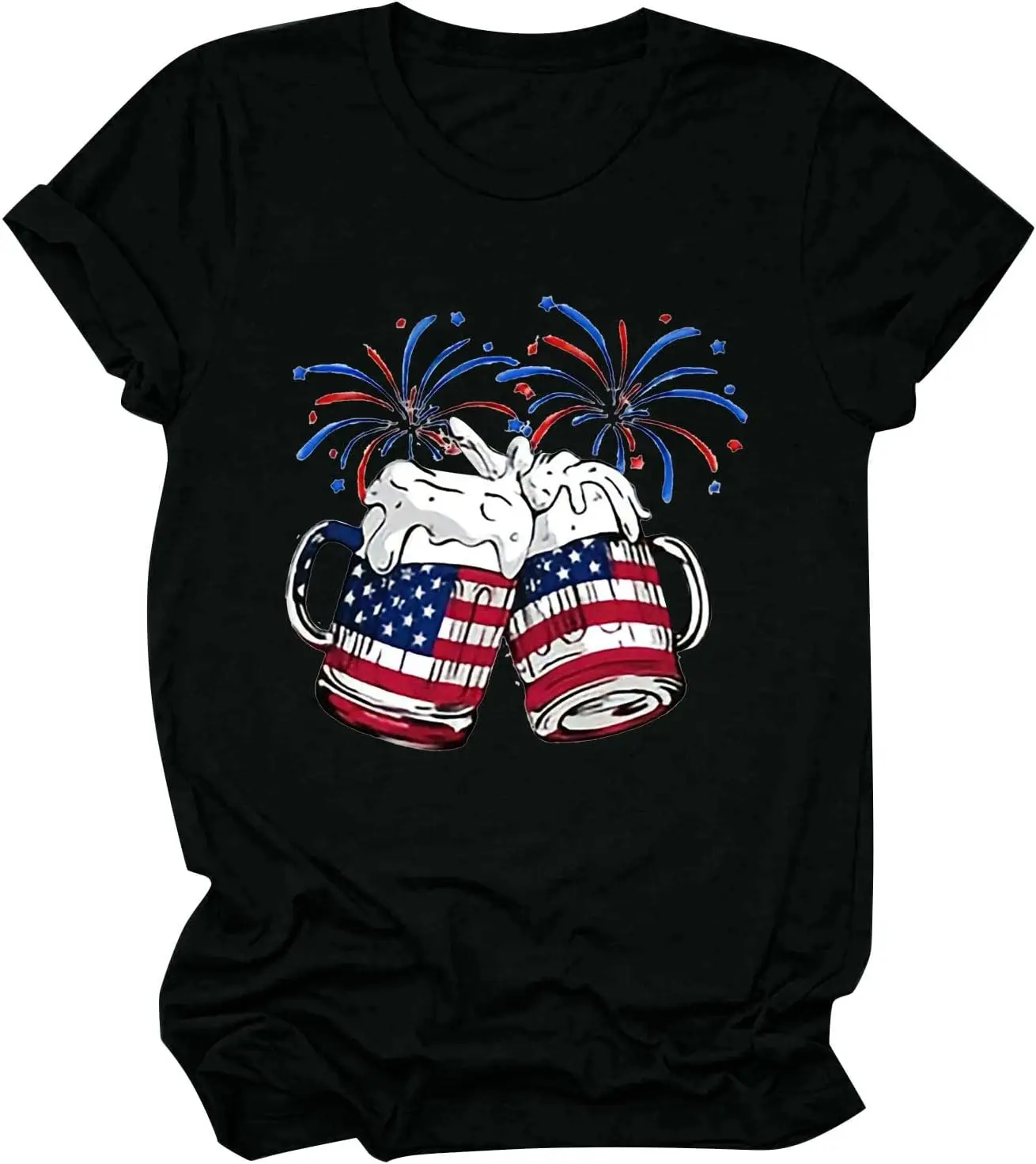 4th of July Patriotic Shirts for Women Funny Wine Glass Graphic Tshirt American Flag Crew Neck Tees Tops