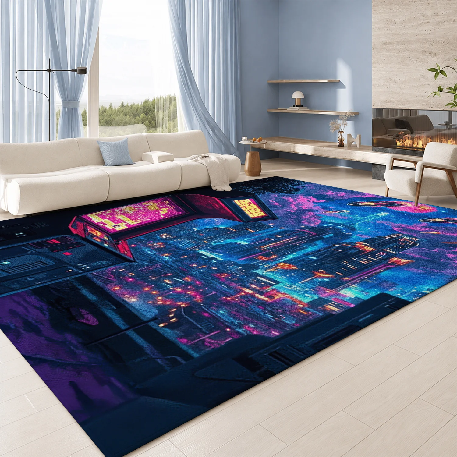 Large Indoor Area Rug, Soft Velvet Low Pile Rug with Non-Slip Dotted Backing, Machine Washable Neon Cyberpunk Cityscape Print – Vibrant Pink & Blue Futuristic Pattern, Ideal for Gaming Room, Living Room, Bedroom, Bold Modern Home Accent