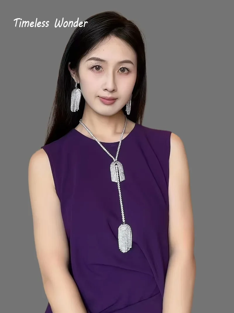 Timeless Wonder Fancy Crystal Zircon Y Tassel Pave Necklace Stud Earrings Women Designer Jewelry Set Sweet Top Rare Classy 4612