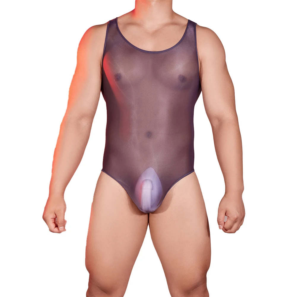 الرجال هايت بسط النفط لامعة ارتداءها مثير انظر من خلال Playsuit أكمام بذلة بقماش شفاف مثلي الجنس المثيرة الملابس الداخلية