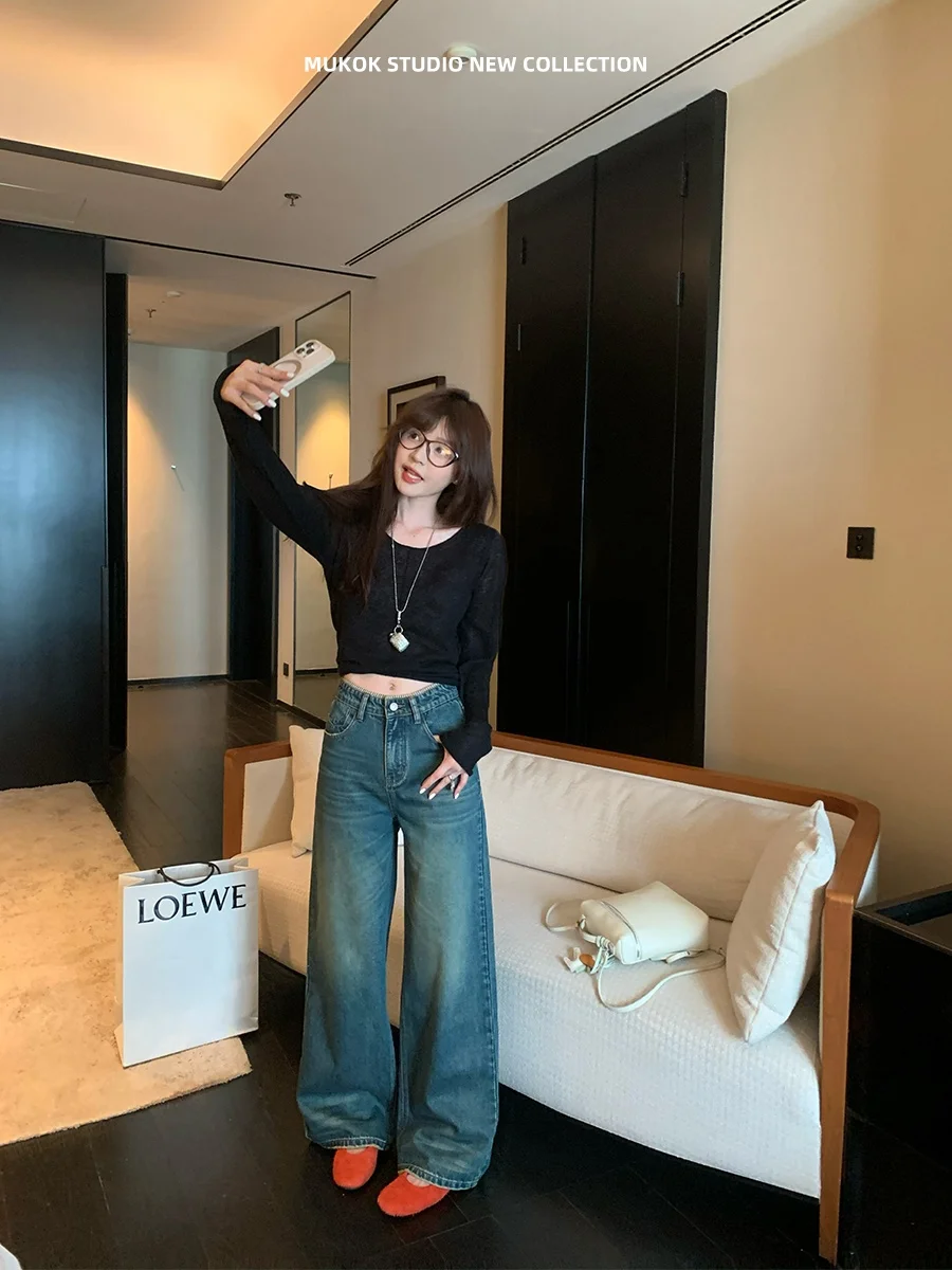 

Джинсы MUKOK с высокой талией и широкими штанинами, повседневные, на молнии, из хлопка, с драпировкой, с полосатым внутренним поясом, женские