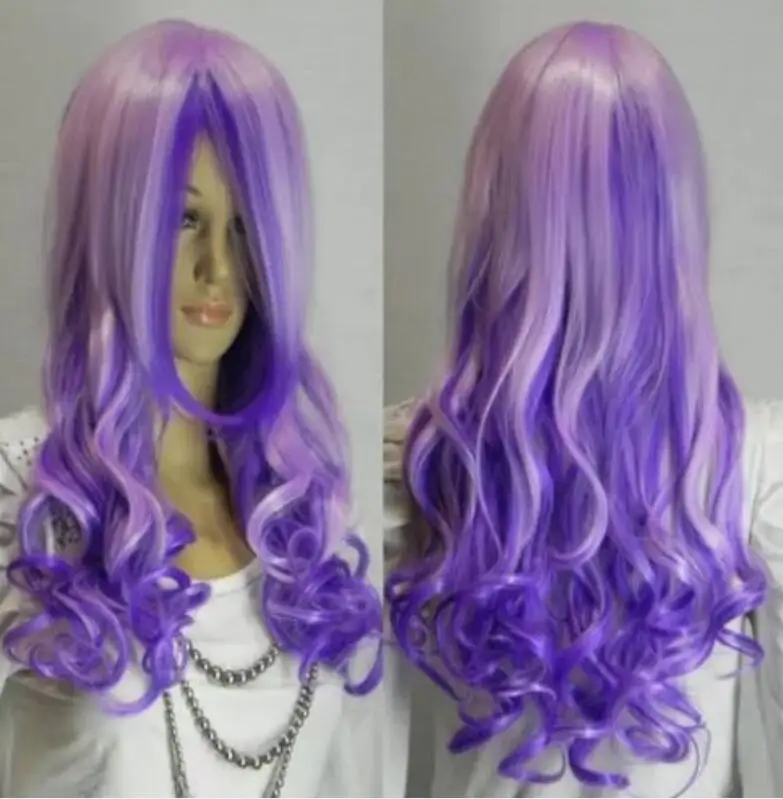 Pelucas de fiesta de disfraces de Halloween de Cosplay de Navidad para mujeres, hermoso cabello rizado púrpura mezclado largo, envío gratis, nuevo