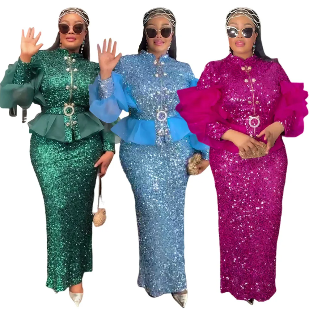 

Wedding Party Evening Dresses Tops and Skirt 2pcs Set Suit Women African Dashiki Sequin Mermaid Robe Puff Sleeve Africa Clothing
