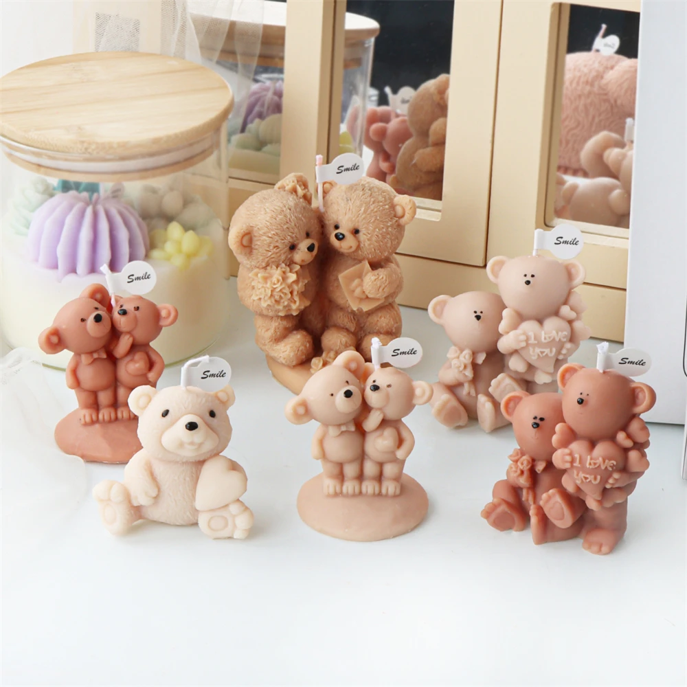 3D Bear Hug Love Heart Silicone Candle Mold Diy Cute Bear Pet Candle Making Supplies Handmade Plaster Resin Mold Home Decor Gift