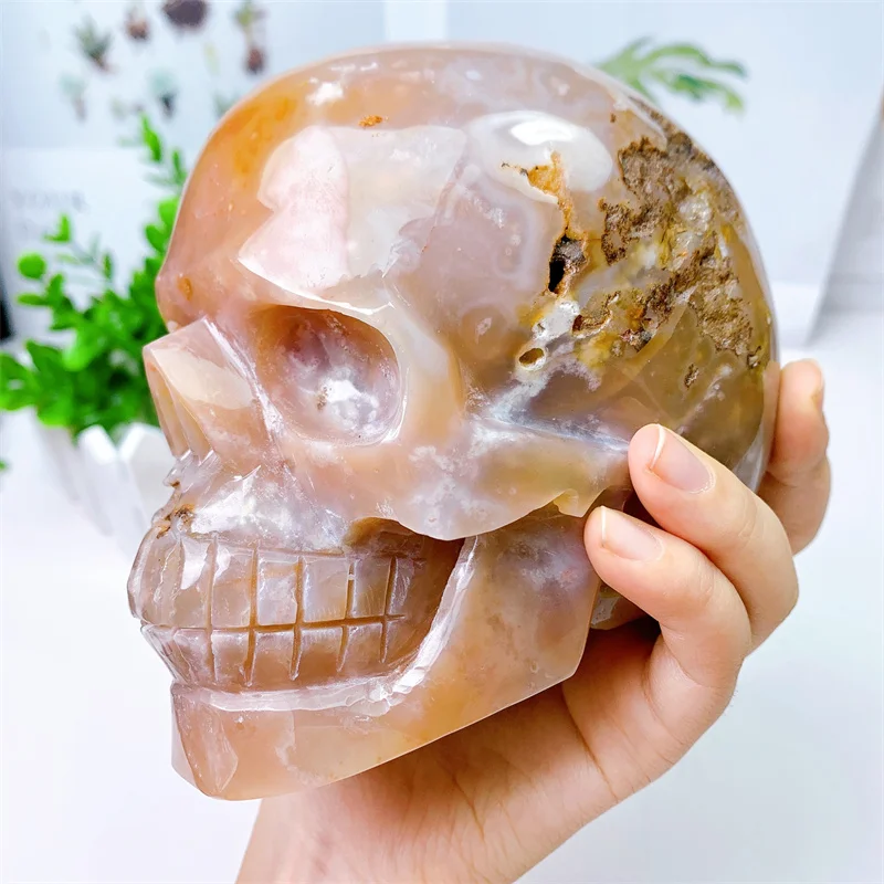 1.58KG Natural Flower Agete Skull Mineral Carved Reiki Healing Gift Crafts Feng Shui Home Decoration Stone Statues 1pcs