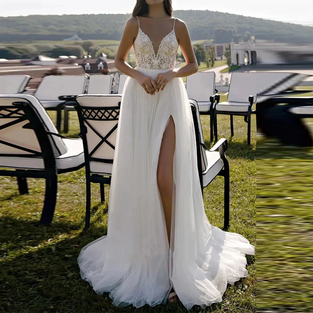 

Sexy V-Neck Women Wedding Dresses Elegant Lace Printing Bridal Gowns Mopping Length Princess Party Vestidos De Novias Customized