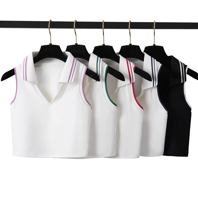 Women Fitness Yoga Top Sleeveless Slim Fit Lapel Running Crop Top Breathable Quick Dry Gym Vest With Chest Pads Female T-Shirt image 3