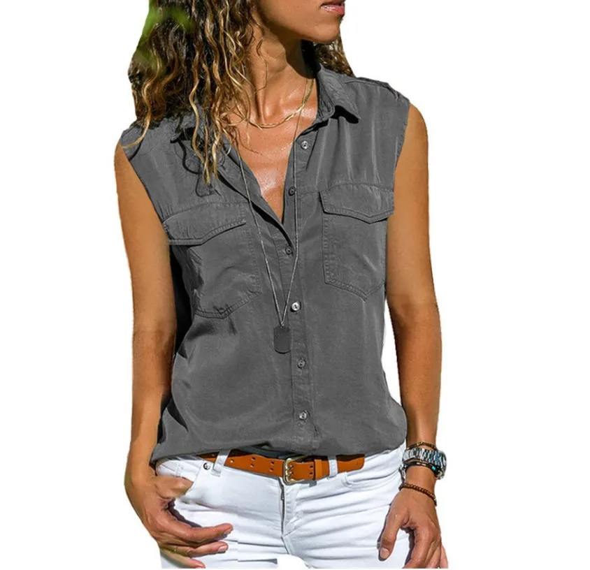 Letni top damski Casual Solidna bluzka bez rękawów Skręcić w dół kieszenie Przyciski Klapa Wszechstronne t-shirty Modna ulica Outdoor