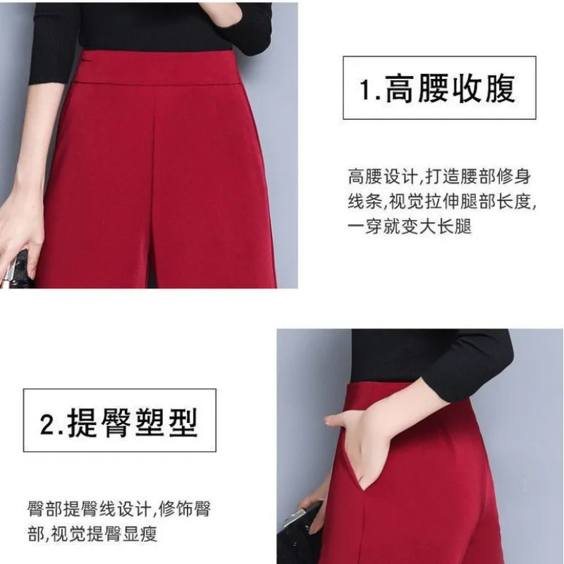 Spring and Autumn Women\'s Solid Pocket High Waist Elastic Elastic Wide Leg Loose Fit Fashion Elegant Commuter Casual Pants