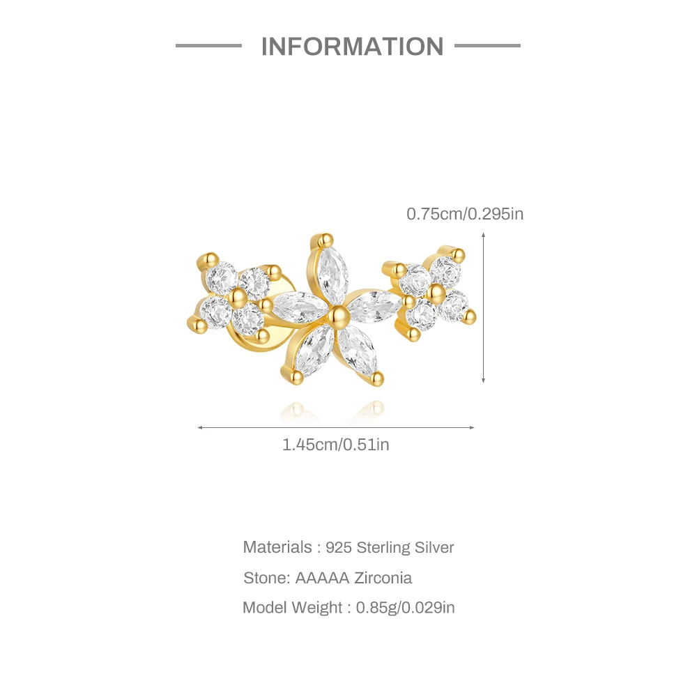 CANNER 1PC Heart-shaped Flower Flat Head Threaded Puncture Ear Bone Nail Earring For Women 925 Sterling Silver Geometric Earring