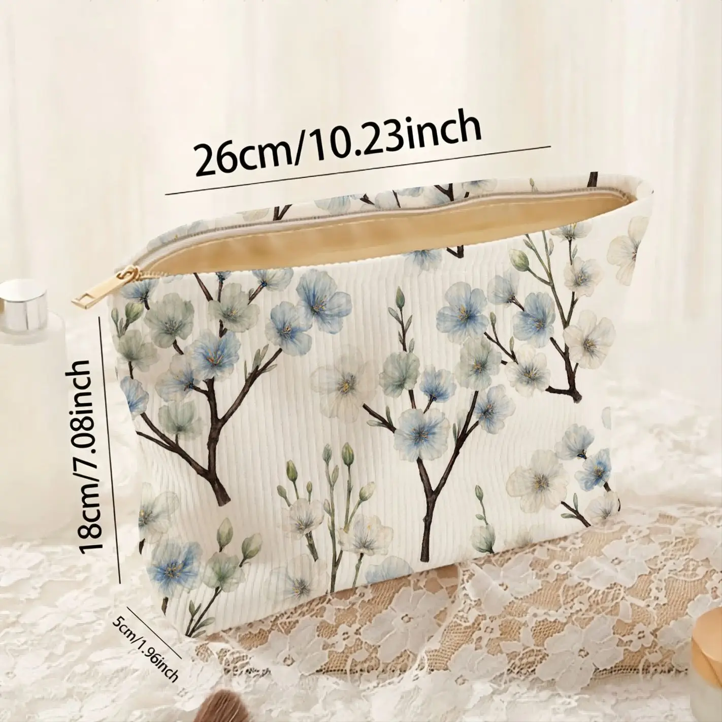 Corduroy Makeup Bag - Vintage Aesthetic Cosmetic Pouch, Portable Zipper Travel Toiletry Organizer, Large Capacity Storage Bag