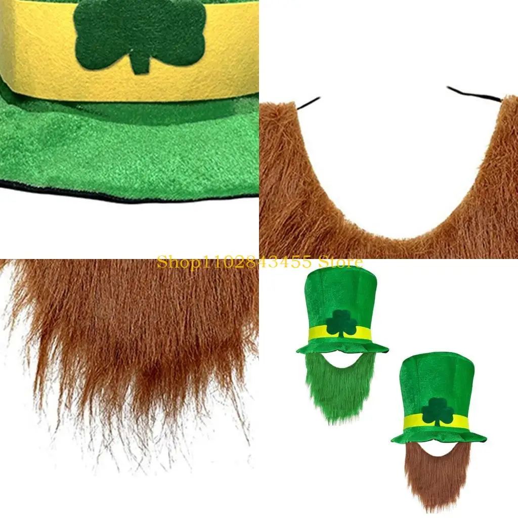 49MC Leprechaun Caps Green Top Hat with Clover Beard St. Patricks Day Leprechaun Hat Gifts Holiday Carnival Party