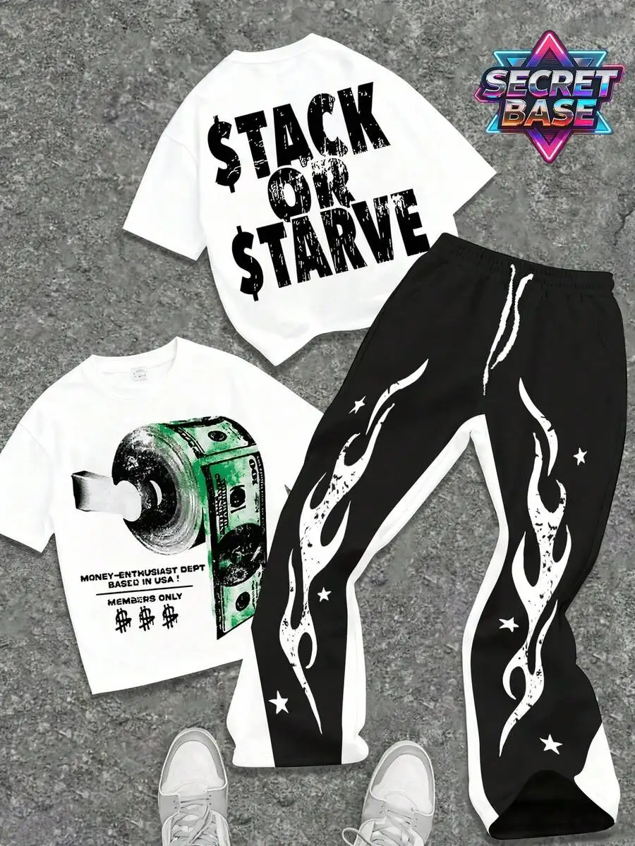

Men's Graphic Print T-Shirt and Flame-Print Track Pants Set - Streetwear Style