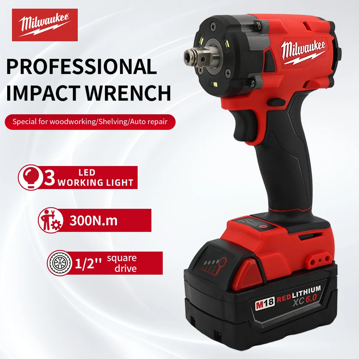 Milwaukee 300N.M Cordless Electric Wrench 1/2 Torque Car Truck Repair 18V Lithium Battery Power Tool Impact Electric Screwdrive