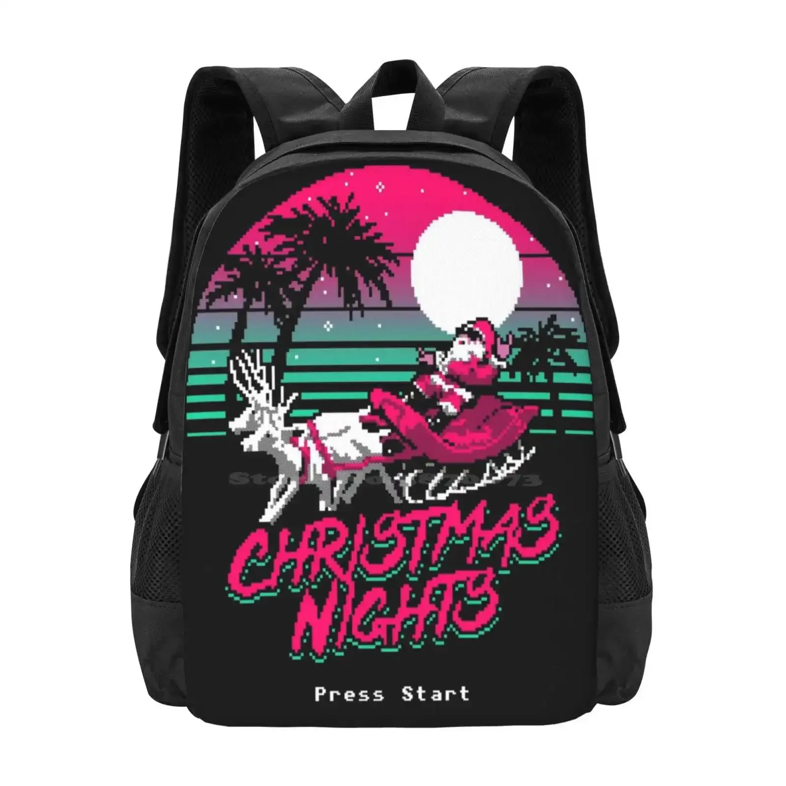 

Christmas Nights Pattern Design Bagpack School Bags Retro Arcade Gaming 8bit Santa Claus Christmas Xmas Holidays Merry 80s