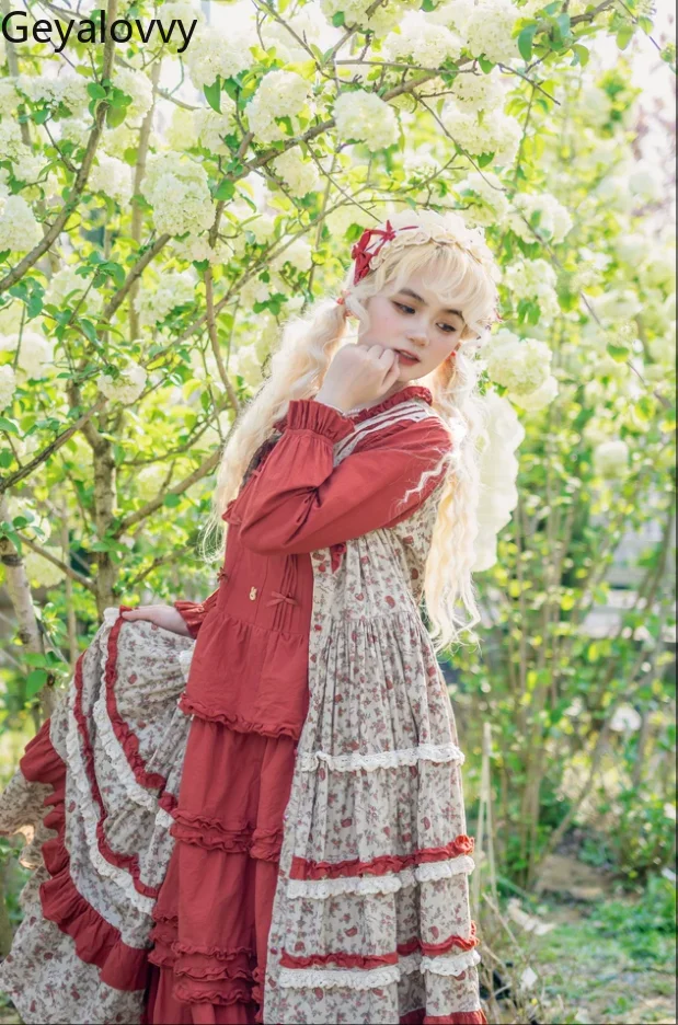 

Spring Summer New Printed Cotton Long-sleeved Short-sleeved Retro Elegant Dress Sweet Girls High-waisted Round Neck Long Dresses