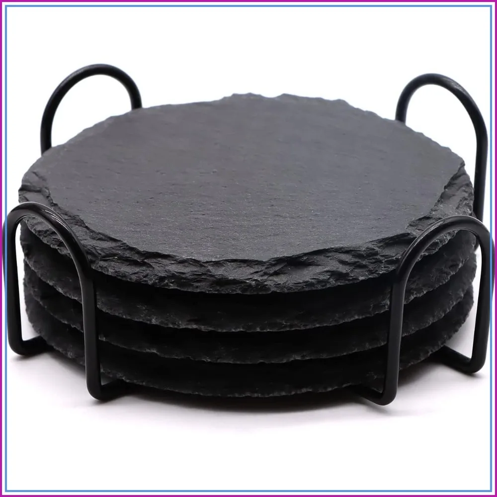 4-Pack Natural Slate Coasters with Holder, 4 Inch Round Stone Drink Coasters, Anti-Scratch Pads, for Home Bar Kitchen Table Decor