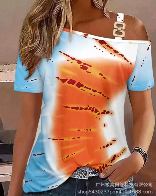 

Women's T-Shirt 2024 New Casual Fashion Tie Dyed Abstract Print Single Shoulder Metal Buckle Short Sleeved Top