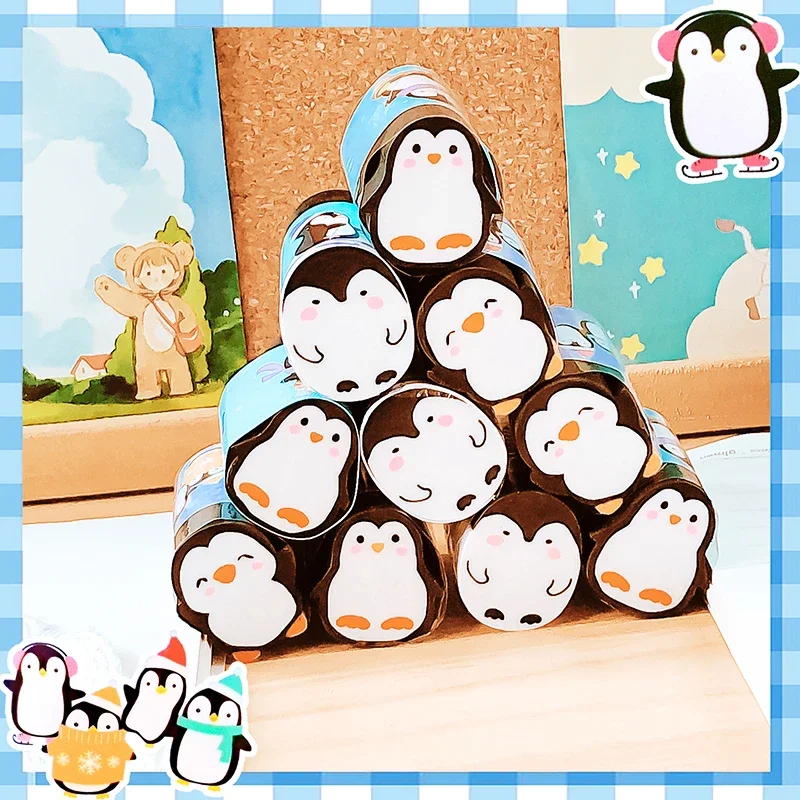 Borrador de lápiz rebanable con forma de pingüino lindo, suministros Kawaii para estudiantes, papelería escolar, suministros de oficina, regalo para